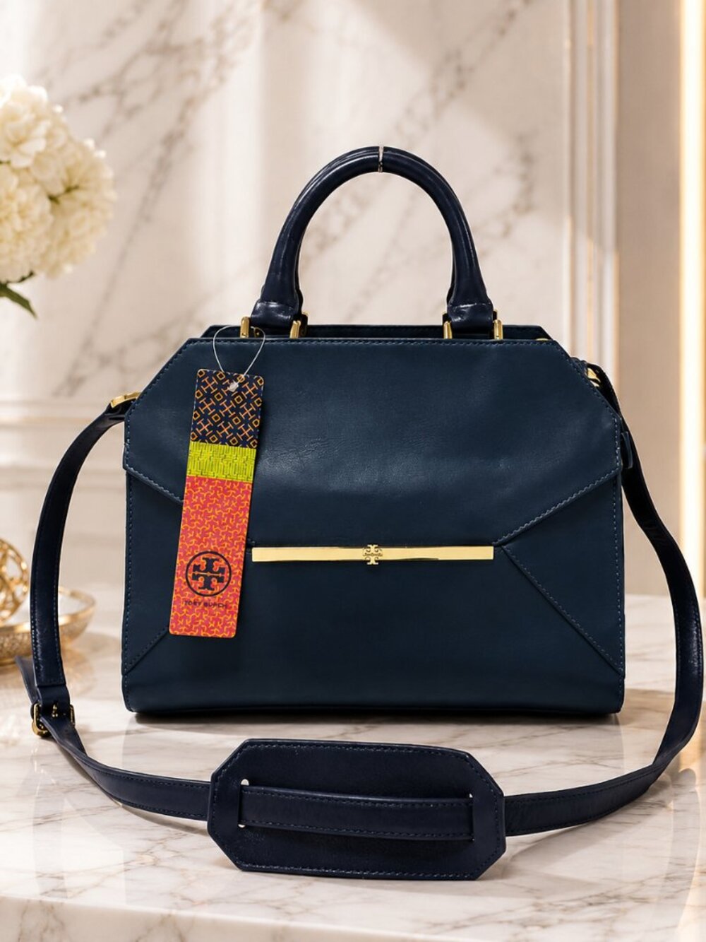 Tory Burch Penelope Satchel Teal Leather Suede Navy Handles Crossbody Strap